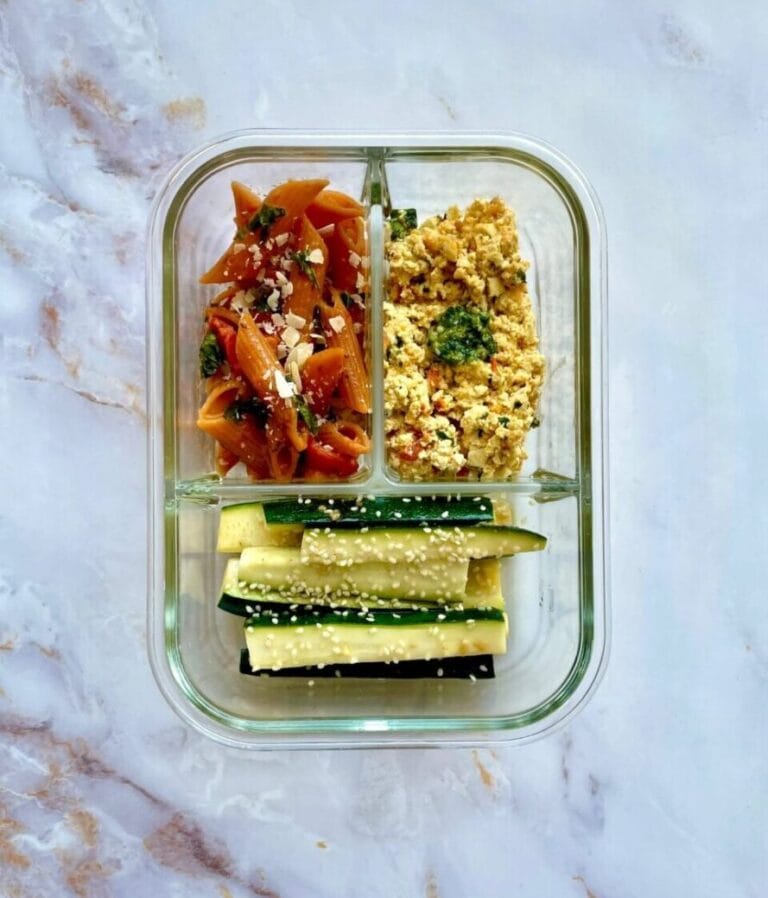 Red Lentil Pasta, Tofu Scramble, and Zucchini